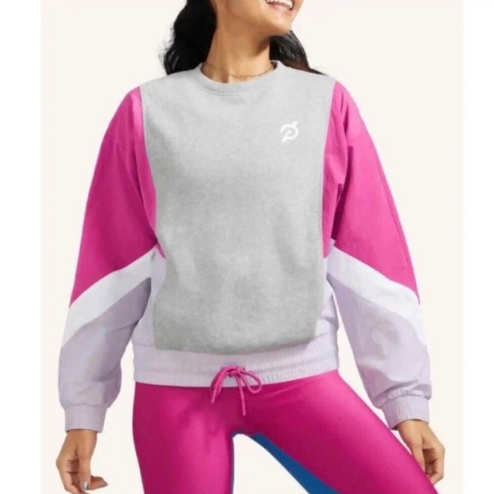 Pelaton Chic Fabric Mix Pullover Sweatshirt in Gray Pink & Purple Size L